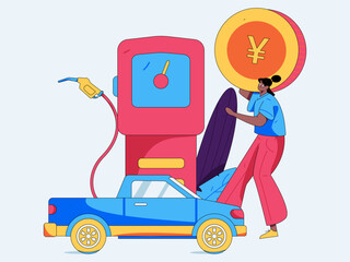 Vector Internet operation hand-drawn illustration of people getting discounts for refueling their cars
