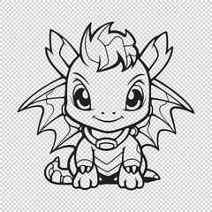 Cute cartoon baby dragon design for kids coloring book, black vector illustration on transparent background