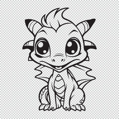 Cute cartoon baby dragon design for kids coloring book, black vector illustration on transparent background