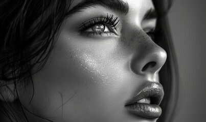 Fototapeta premium beautiful woman, side face, long eyelashes, shiny lips, black and white created with Generative AI technology