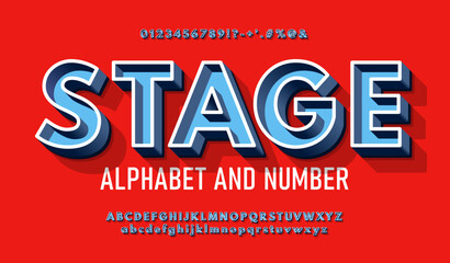 Modern blue volumetric 3d alphabet with a thin outline. Chic urban 3D font with signs, symbols and numbers.