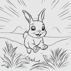 Cute hopping bunny in beautiful landscape, black vector illustration on transparent background