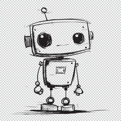 Cute cartoon robot mascot, black vector scribble illustration on transparent background