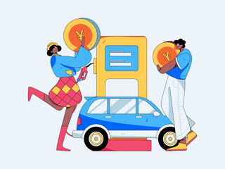 Vector Internet operation hand-drawn illustration of people getting discounts for refueling their cars

