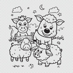 Obraz premium Cute cartoon farm animals and landscape, black vector illustration on transparent background