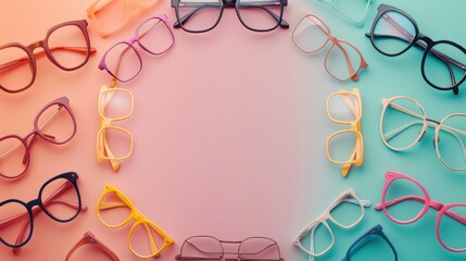 Colorful array of eyeglasses with vibrant frames in a circular layout on a pastel background