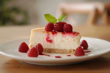 A slice of cheesecake topped with raspberries and mint leaves