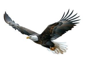 Fototapeta premium A bald eagle flying in the sky with its wings spread wide on transparent background, png.