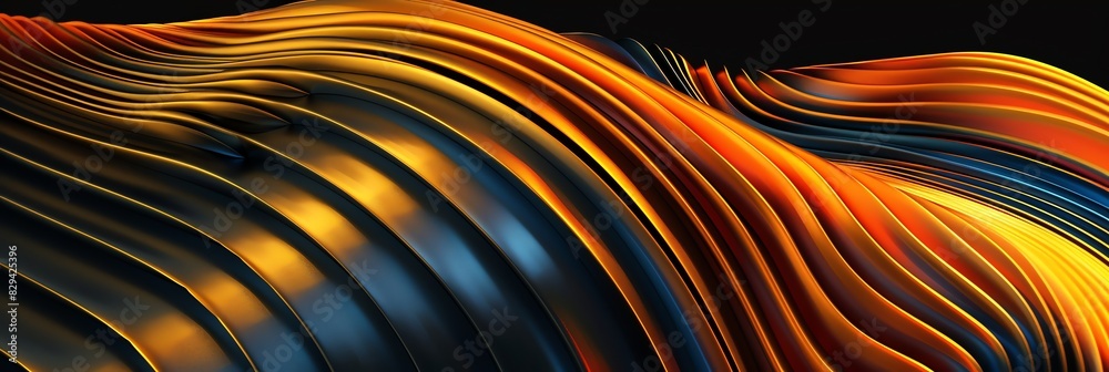 Wall mural blue and orange, gold  three-dimensional striped background, black background aspect ratio 3:1, for banner, landing page, website