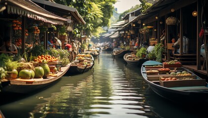 Obraz premium 8K highdefinition image of Thailand s local floating markets with intricate details of market life and tropical scenery