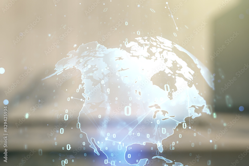 Aufkleber abstract virtual coding concept and world map hologram on blurry modern office building background. 
