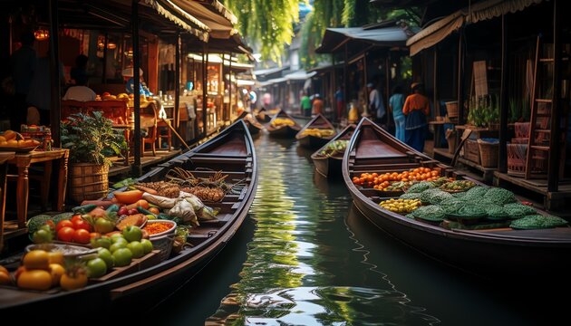 Crystalclear 8K photography of Thailands floating markets, highlighting traditional boats and vibrant market activities