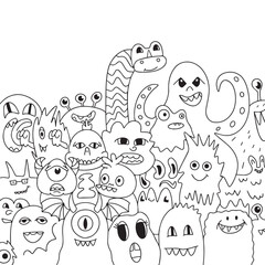 Funny big poster with cute monsters in doodle style. Funny, hand-drawn aliens. Design for children, comics, education. Vector illustration