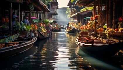 Crystalclear 8K photography of Thailands floating markets, highlighting traditional boats and vibrant market activities