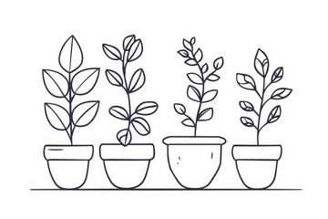 Black and white illustration of various house plants in pots, perfect for coloring books