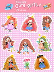 hand drawn elements collection gives , watercolor, cute girl, 
summer, back to school, 4th of July, American, stickers girls