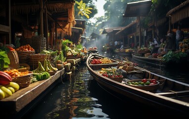Highresolution 8K capture of Thai floating markets showcasing local culture, vendors, and exotic fruits