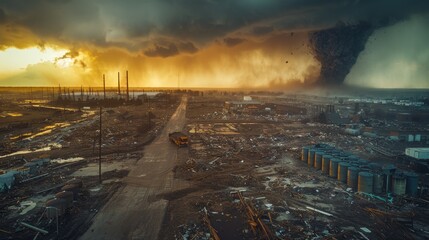 Aerial shot of a factory yard with neatly arranged propane tanks, debris from the surrounding area, and a massive tornado approaching from the horizon