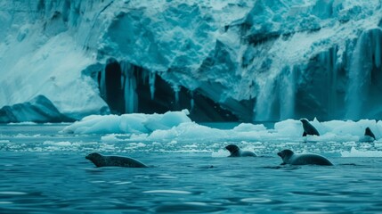 A group of curious seals swim near the edge of the glacier watching as smaller pieces of ice fall into the ocean.