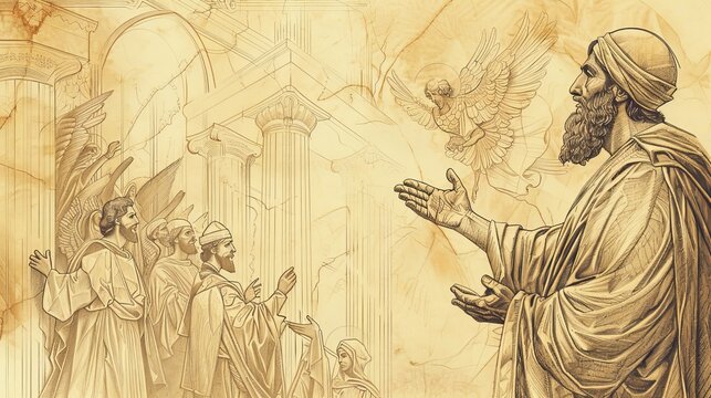 Biblical Illustration: The Prophet Isaiah, Vision of God in the Temple, Seraphim and Holiness Message, Beige Background, Copyspace