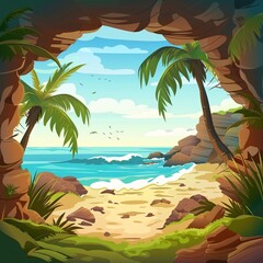 illustration beach view with palm and stone the view from inside cave looking at water landscape