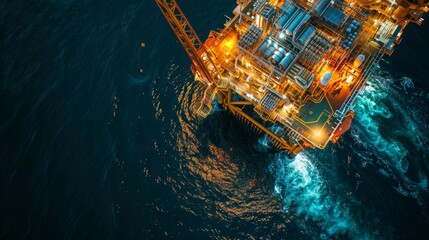Top view of a large oil rig at night, illuminated by floodlights, with the dark water reflecting the structure's lights and activity on the deck