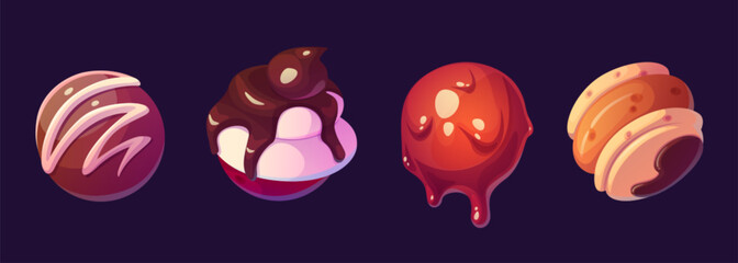 Game candy planet made from sweet dessert. Cartoon vector set of fantasy space galaxy world element for gui level design. Chocolate and caramel, cookie and cake balls. Magic alien yummy planetary.