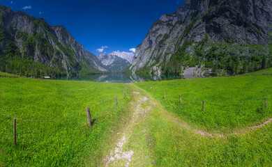 Mountain valley with tracks near Obersee lake in Berchtesgaden National Park