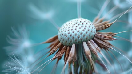 A dandelion seed head, partially dispersed, with delicate white seeds hanging from the spherical center
