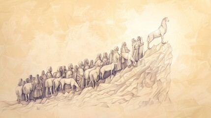 Biblical Illustration: The Lamb and the 144,000, Mount Zion, Singing a New Song, Beige Background, Copyspace