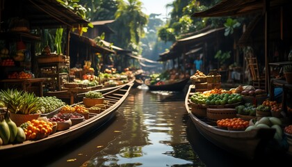 Ultradetailed 8K photo of Thailands floating markets, featuring wooden boats, fresh produce, and lively scenes
