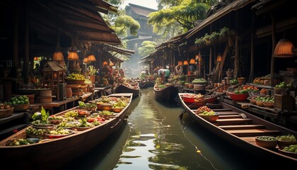 Ultradetailed 8K photo of Thailands floating markets, featuring wooden boats, fresh produce, and lively scenes