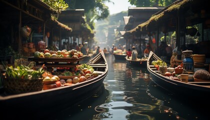 Ultradetailed 8K photo of Thailands floating markets, featuring wooden boats, fresh produce, and lively scenes