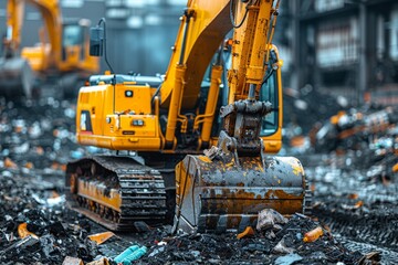 Grabbing excavator collects garbage in plant warehouse created with Generative AI technology