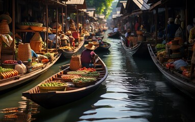 Ultrahighdefinition 8K photo of floating markets in Thailand, featuring colorful boats and local merchants