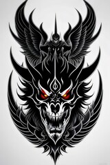 Fototapeta premium a black and white cartoon illustration of a devil with wings riding an unbranded motorcycle, Evil, Sinister, Rider, Fiendish, Hellish, Monster, Demon, Biker, Horns, Tail, Grinning, Fierce, Wicked