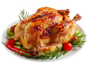 perfectly grilled chicken on an elegant plate with herbs, isolated against white background.