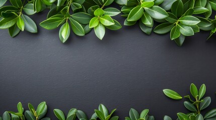  A black surface topped with a cluster of green leaves Text spaces located to the left and right sides of the image - Powered by Adobe