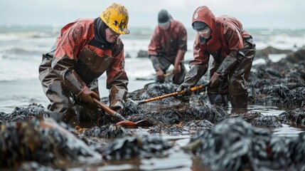 Naklejka premium Workers carefully scrubbing crude oil from rocks on a polluted beach, with the ocean waves in the background and oil-stained gloves