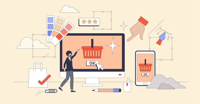 E-commerce website design for webshop UX tiny person neubrutalism concept. Improved user experience with intuitive interface and beautiful color usage for online project vector illustration.