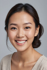 Fototapeta premium portrait view of a regular happy smiling Asian woman , ultra realistic, candid, social media, avatar image, plain solid background