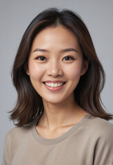 Fototapeta premium portrait view of a regular happy smiling Asian woman , ultra realistic, candid, social media, avatar image, plain solid background