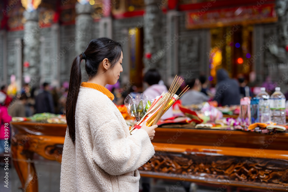 Sticker Woman make a wish in Chinese temple