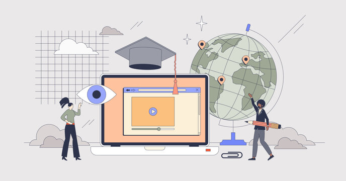 Online courses and international study tiny person neubrutalism concept. Travel for academic knowledge and graduation abroad vector illustration. E-learning platform using internet resources.