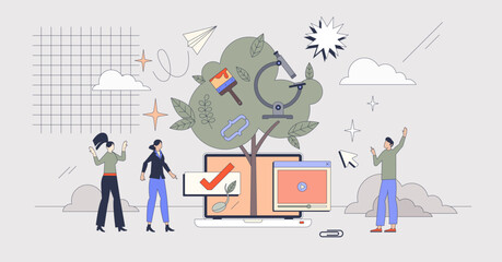 Online courses and knowledge using internet tiny person neubrutalism concept. Academic learning for distance degree and graduation vector illustration. Education teaching using website platform.