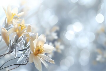 An elegant spring scene with delicate yellow flowers in sharp focus, set against a dreamy, light-filled background,