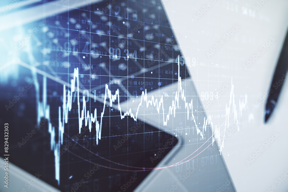 Poster multi exposure of abstract creative financial graph on modern computer background, forex and investm
