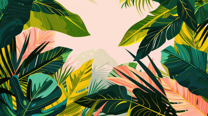 Colorful tropical leaves with pastel pink background illustration AI generated