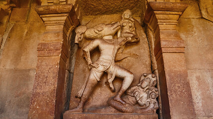 Carving of Varaha Lifting Bhoodevi, Durga Temple, Aihole, Bagalkot, Karnataka, India.