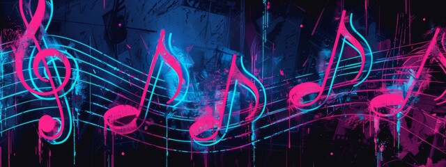 Obraz premium Glowing grunge music sheets notes on beautiful lights bokeh background.